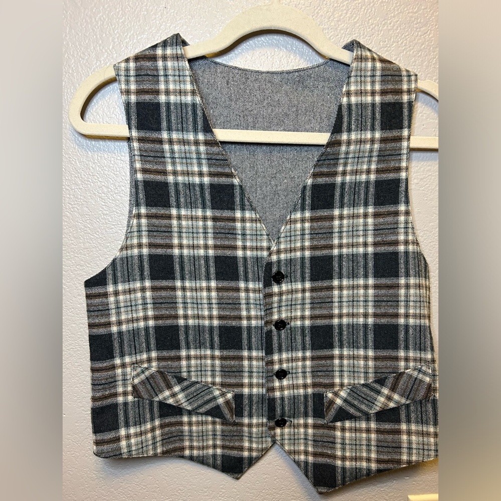 Vintage Tweed Wool Reversible Button Up Suit Vest Career Formal Plaid Menswear